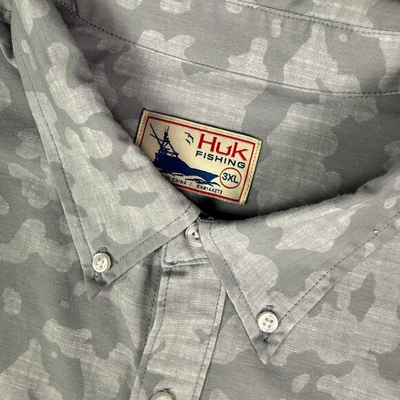 Huk Kona Shirt Mens 3XL Gray Fishing Performance Stretch Button Down Camo Print - Picture 3 of 8